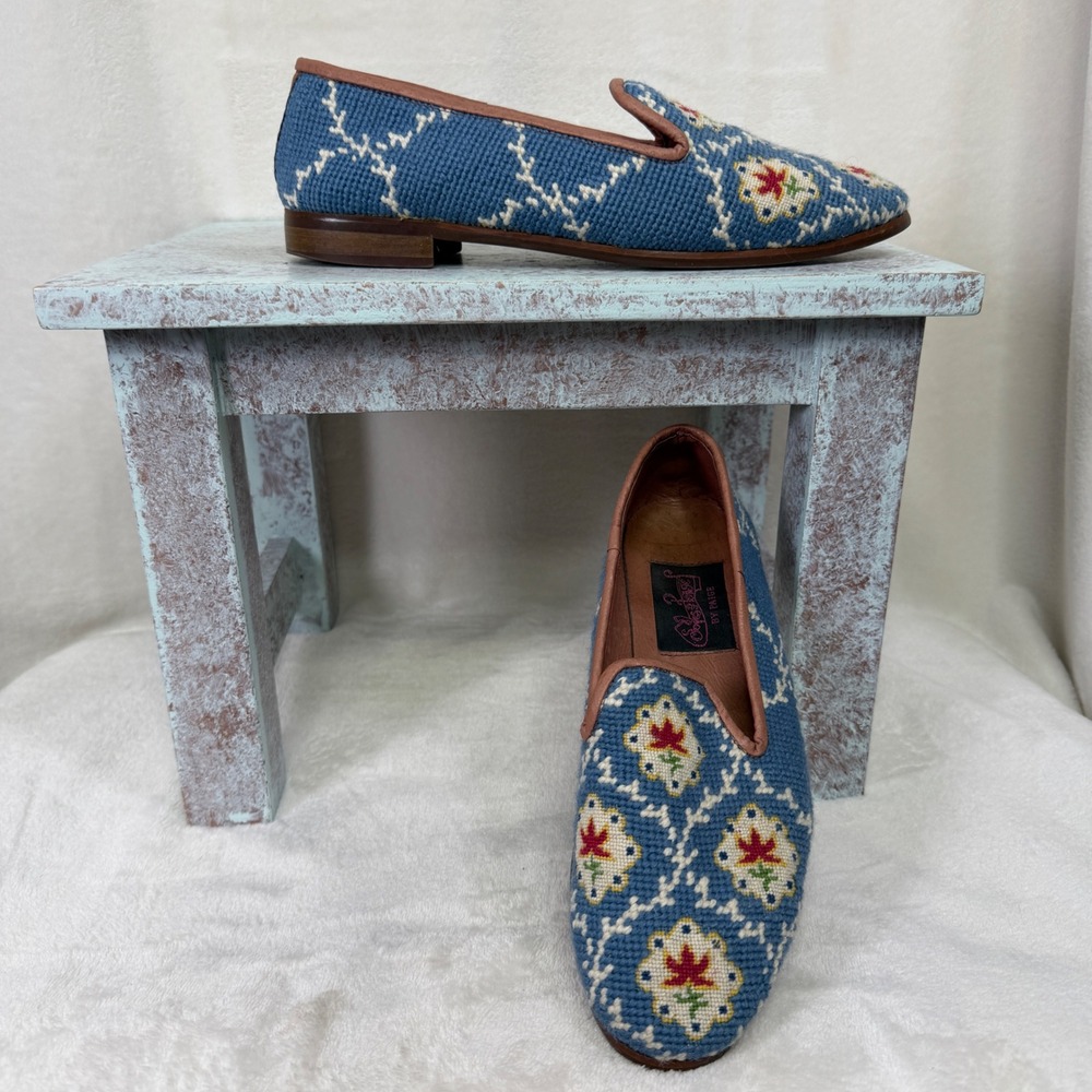 ByPaige Needlepoint Loafers Women 8.5 Blue Floral Smoking Slippers Flats